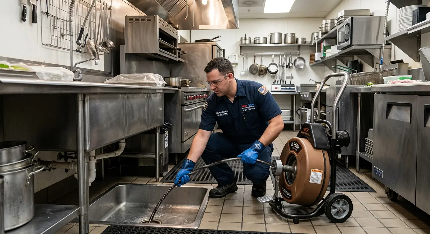 Commercial drain cleaning service in a restaurant kitchen in Geddes