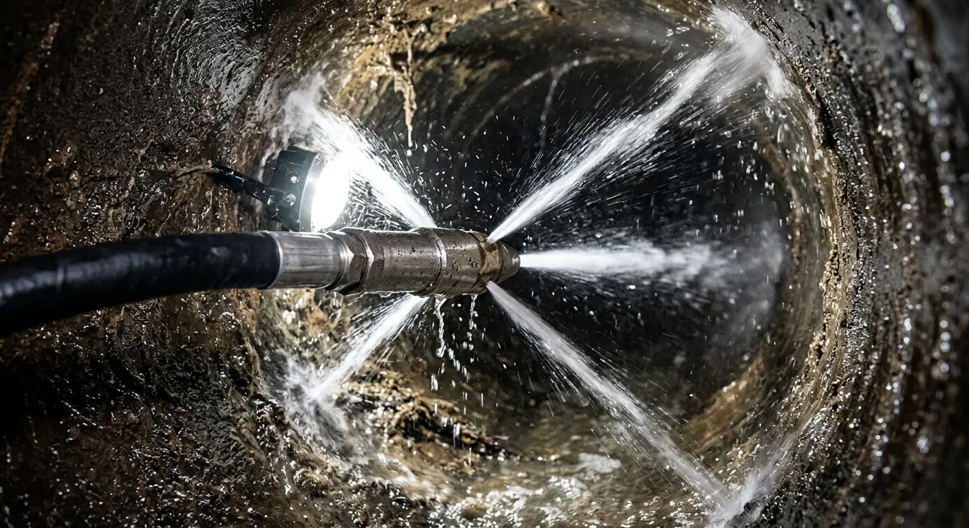 High-pressure hydro jetting nozzle cleaning sewer pipe for Trenchless Sewer Repair in Geddes