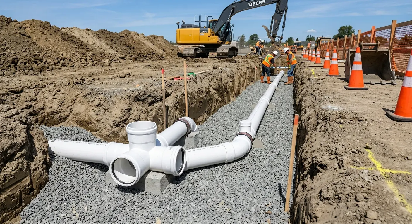 New PVC sewer pipe installation in open trench for Sewer Backup in Geddes