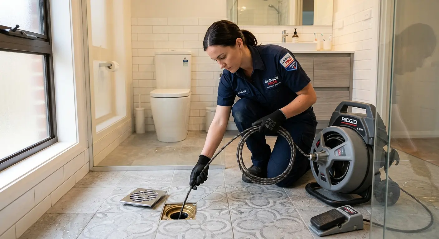 Technician clearing a bathroom floor drain for Hydro Jetting in Geddes